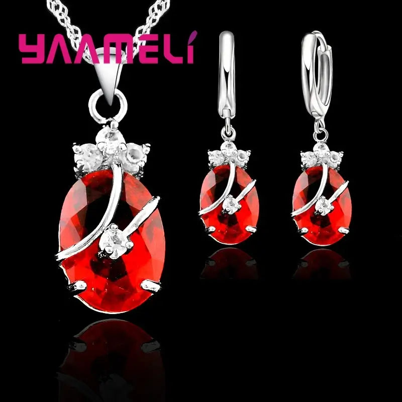Vintage 925 Sterling Silver Jewelry Set for Women β Crystal Stone Pendant Necklace & Hoop Earrings | Elegant Wedding Set