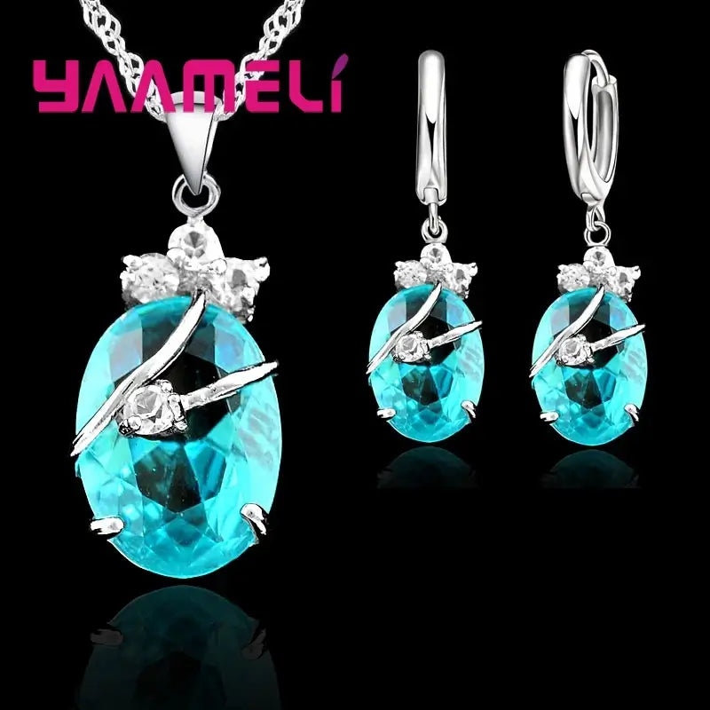 Vintage 925 Sterling Silver Jewelry Set for Women β Crystal Stone Pendant Necklace & Hoop Earrings | Elegant Wedding Set