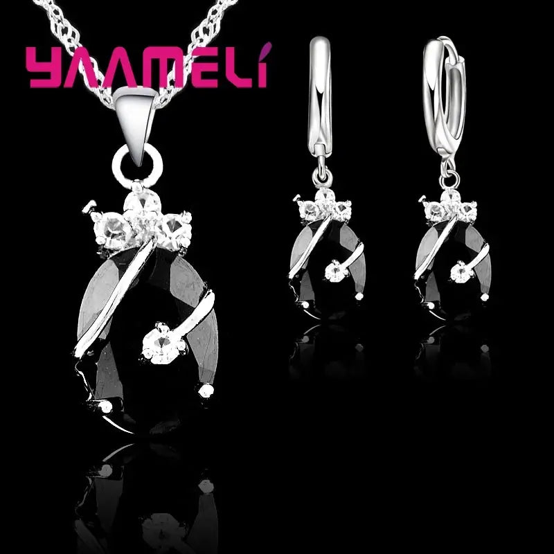 Vintage 925 Sterling Silver Jewelry Set for Women β Crystal Stone Pendant Necklace & Hoop Earrings | Elegant Wedding Set