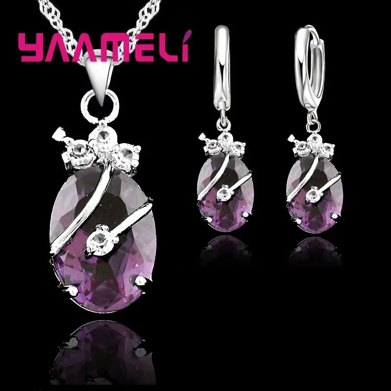 Vintage 925 Sterling Silver Jewelry Set for Women β Crystal Stone Pendant Necklace & Hoop Earrings | Elegant Wedding Set