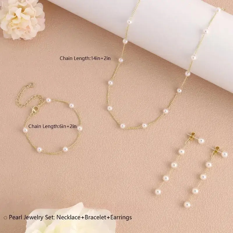 Gold Jewelry Set for Women – 14K Gold & Silver Plated Pearl Necklace, Drop Earrings & Bracelet | Elegant Gift Set