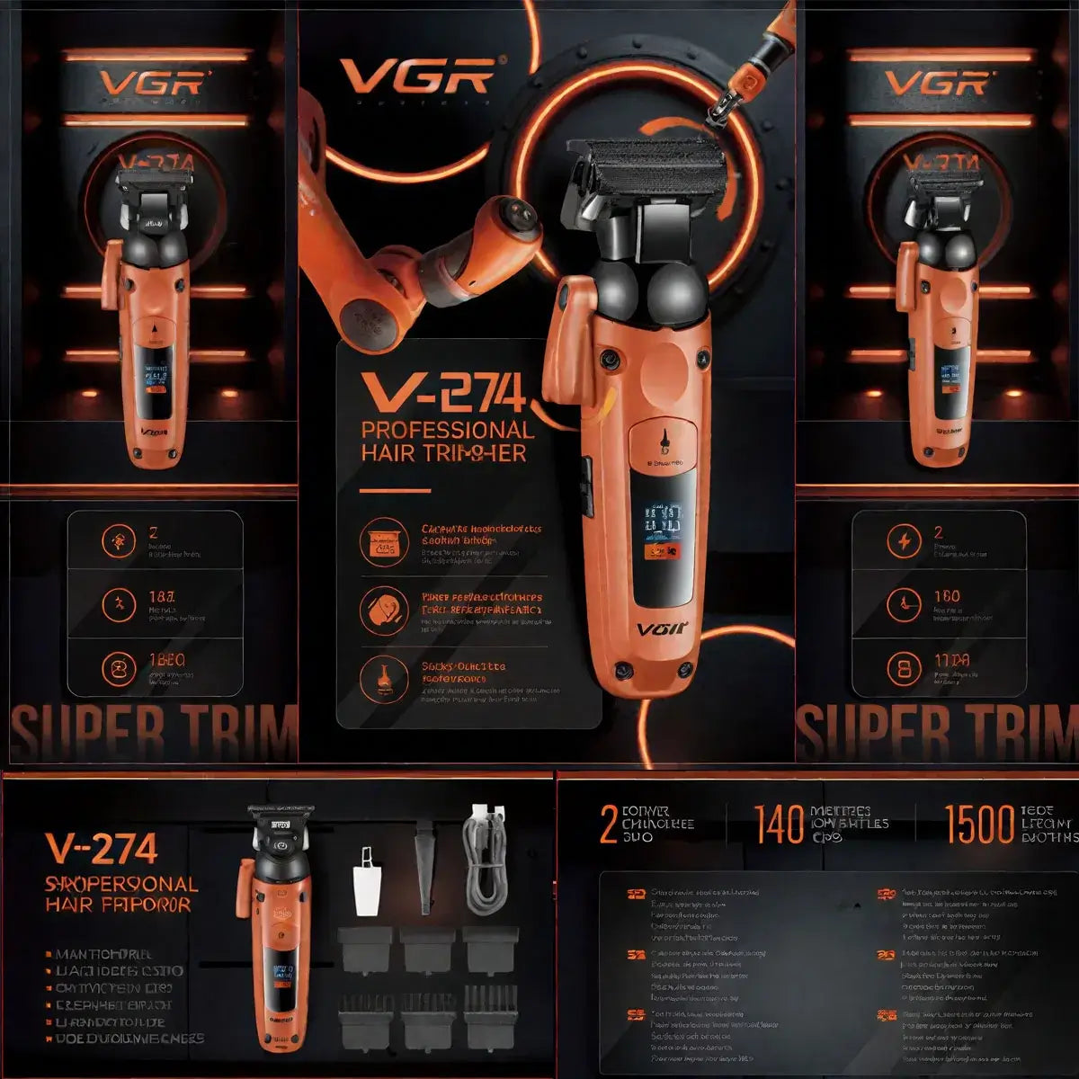 VGR Professional Hair Trimmer V-274 β LED Display Rechargeable Barber Clippers for Men | Precision Grooming & Hair Cutting Machine