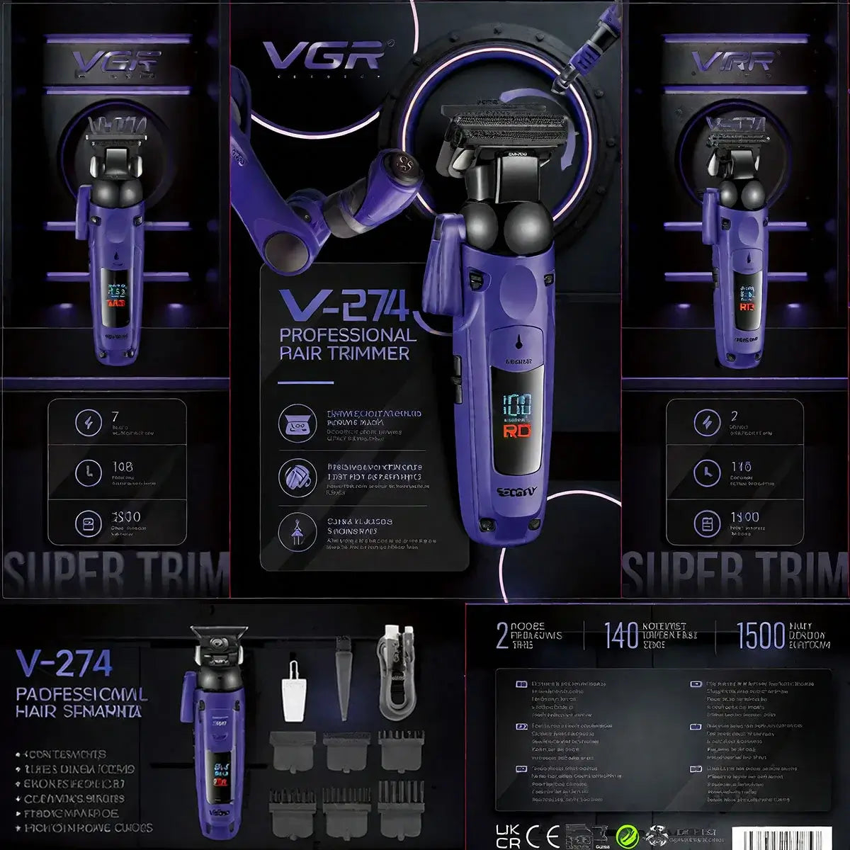 VGR Professional Hair Trimmer V-274 β LED Display Rechargeable Barber Clippers for Men | Precision Grooming & Hair Cutting Machine